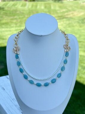 26X337 Handmade Freshwater Baby Pearl Blue Apatite Double Layer Necklace 16+2”